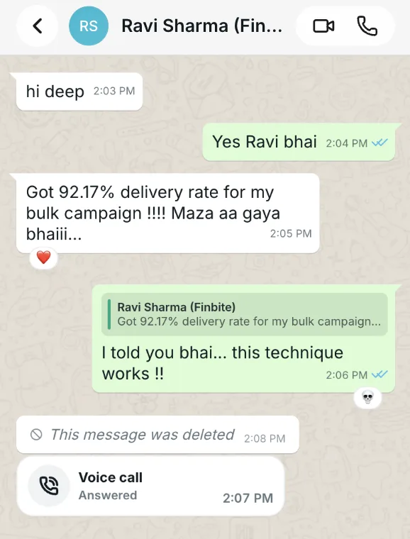 WhatsApp chat with Ravi Sharma celebrating a 92.17% delivery rate on his bulk campaign